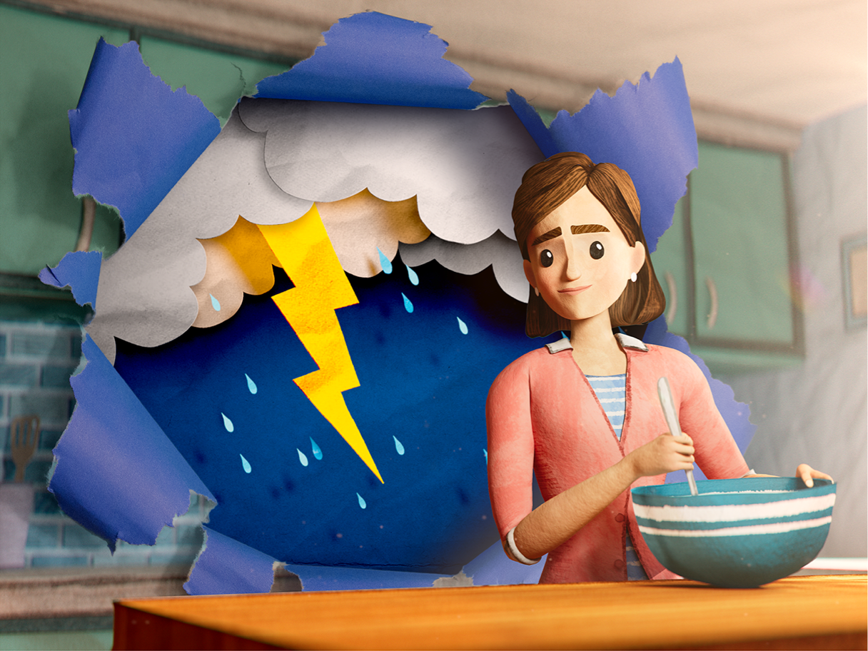 Illustration of a woman cooking with a storm behind her